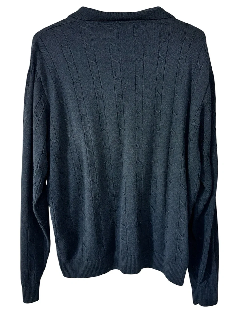 Nordstrom Vintage 90s Men's L Cable Knit Merino Wool Polo Sweater Black